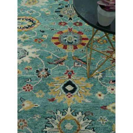 Teal And Yellow Modern Oushak Wool Rug